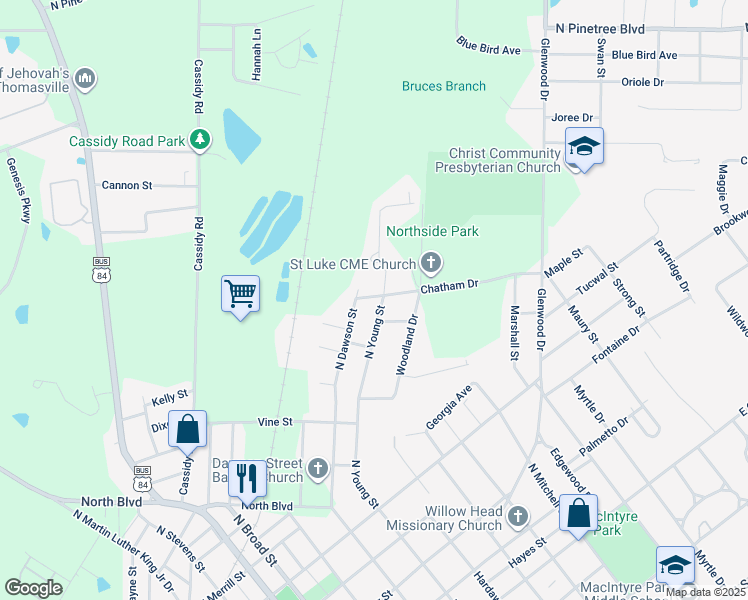 map of restaurants, bars, coffee shops, grocery stores, and more near 1502 North Dawson Street in Thomasville