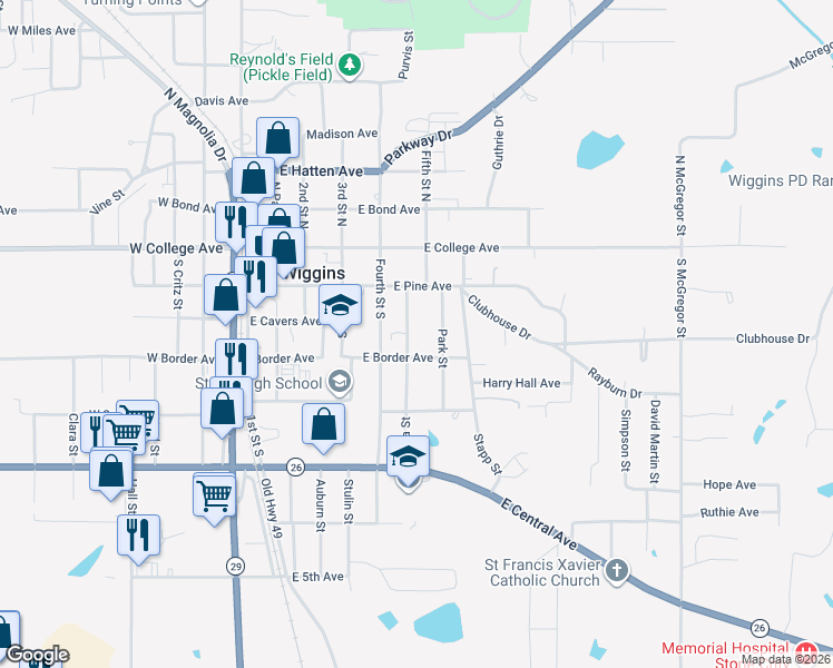 map of restaurants, bars, coffee shops, grocery stores, and more near 301 Iowa Street in Wiggins