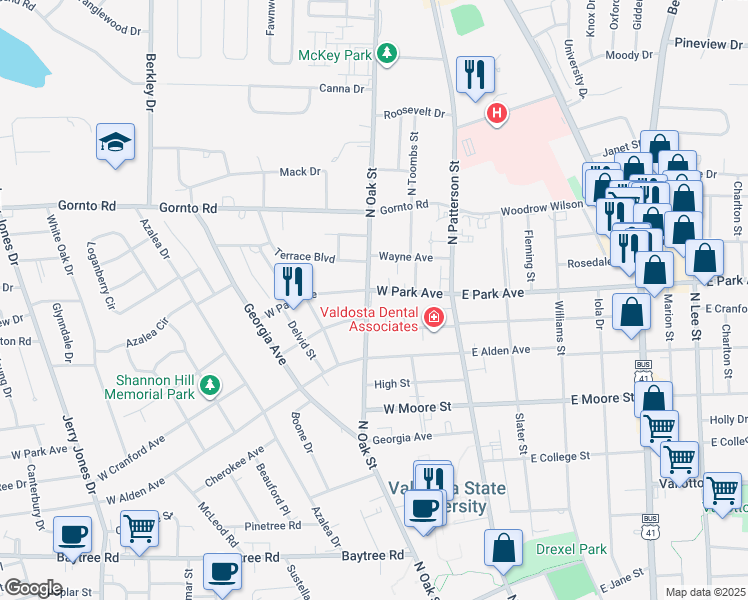 map of restaurants, bars, coffee shops, grocery stores, and more near 211 West Park Avenue in Valdosta