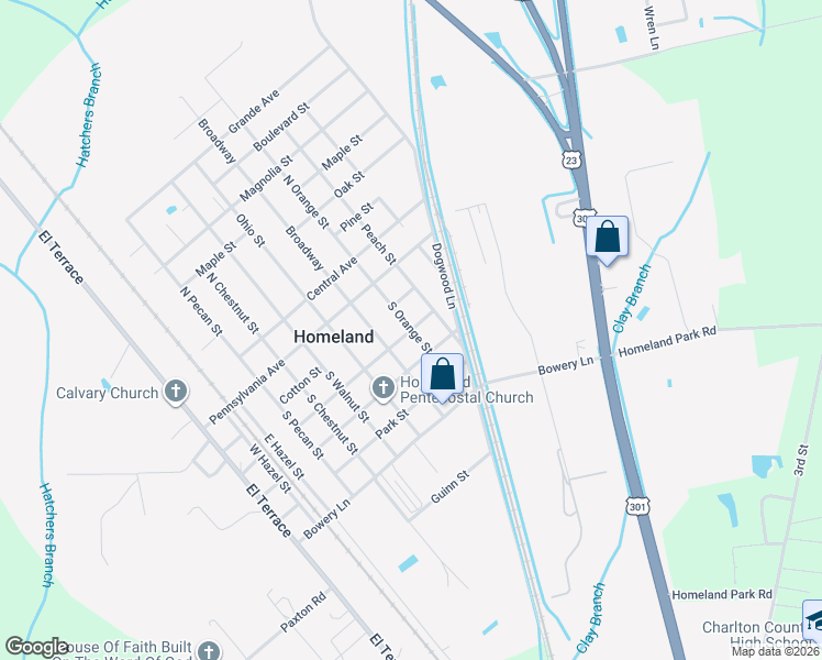 map of restaurants, bars, coffee shops, grocery stores, and more near South Orange Street in Homeland