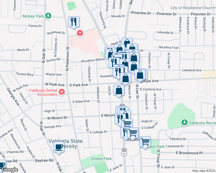 map of restaurants, bars, coffee shops, grocery stores, and more near 321 East Park Avenue in Valdosta