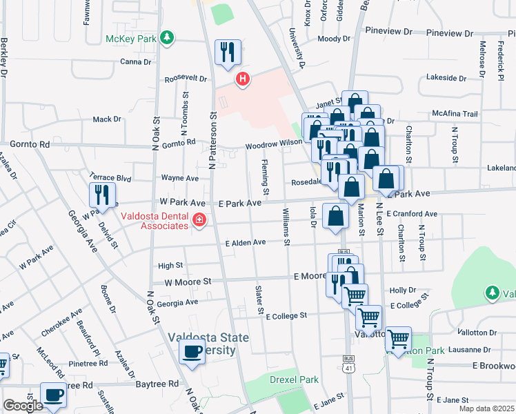 map of restaurants, bars, coffee shops, grocery stores, and more near 205 East Park Avenue in Valdosta