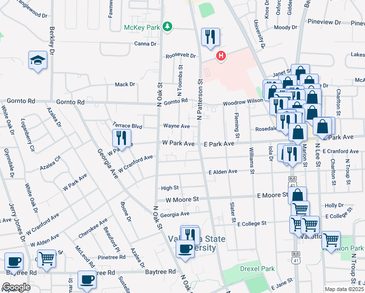map of restaurants, bars, coffee shops, grocery stores, and more near 115 West Park Avenue in Valdosta