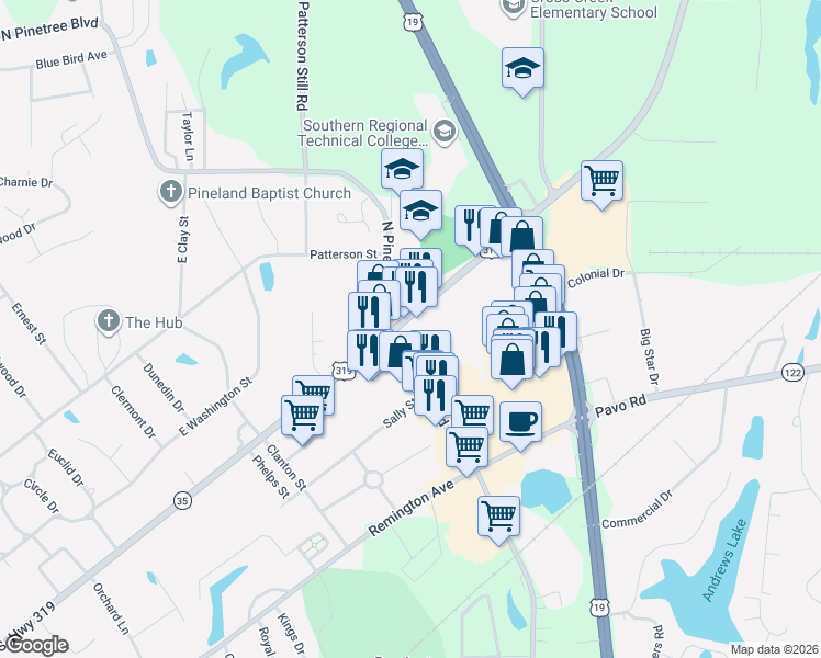 map of restaurants, bars, coffee shops, grocery stores, and more near 1604 East Jackson Street in Thomasville