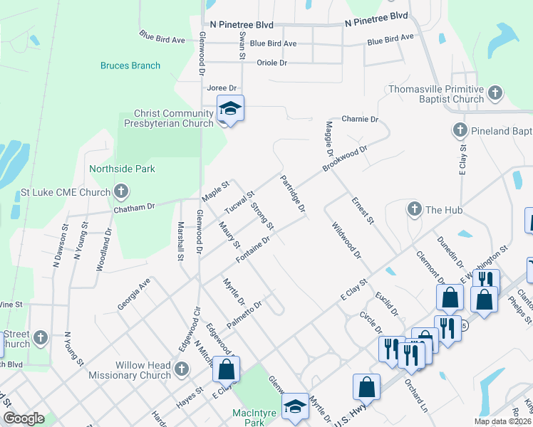 map of restaurants, bars, coffee shops, grocery stores, and more near 310 Strong Street in Thomasville