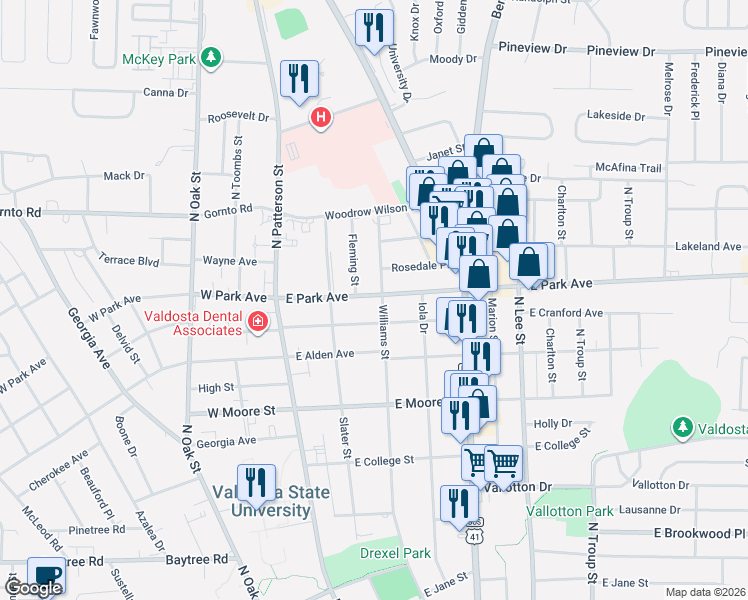map of restaurants, bars, coffee shops, grocery stores, and more near 1906 Williams Street in Valdosta