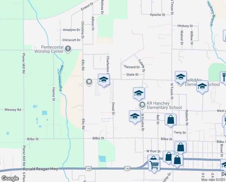 map of restaurants, bars, coffee shops, grocery stores, and more near 723 Oneal Street in DeRidder