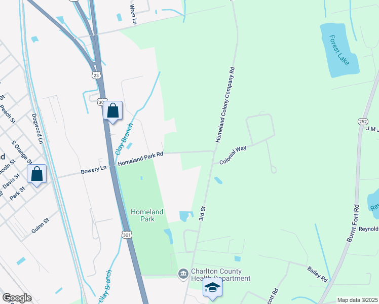 map of restaurants, bars, coffee shops, grocery stores, and more near 473 Homeland Park Road in Folkston