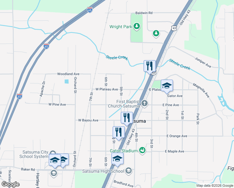 map of restaurants, bars, coffee shops, grocery stores, and more near 5669 5th Street in Satsuma