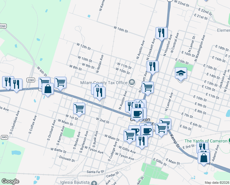 map of restaurants, bars, coffee shops, grocery stores, and more near 701 West 7th Street in Cameron
