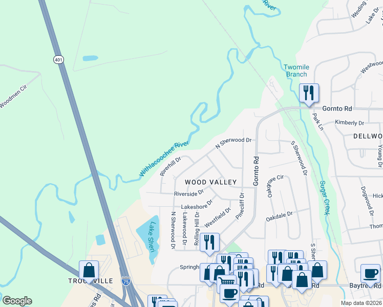 map of restaurants, bars, coffee shops, grocery stores, and more near 2302 Riverhill Drive in Valdosta