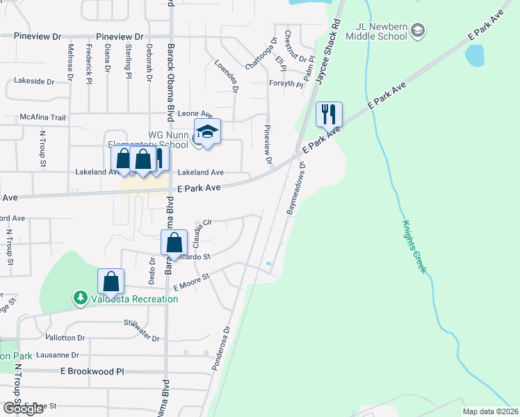 map of restaurants, bars, coffee shops, grocery stores, and more near 1326 Ponderosa Drive in Valdosta