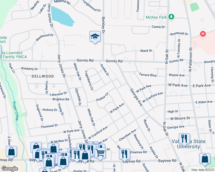 map of restaurants, bars, coffee shops, grocery stores, and more near 5 Loganberry Circle in Valdosta