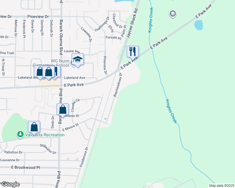 map of restaurants, bars, coffee shops, grocery stores, and more near 1503 Baymeadows Drive in Valdosta