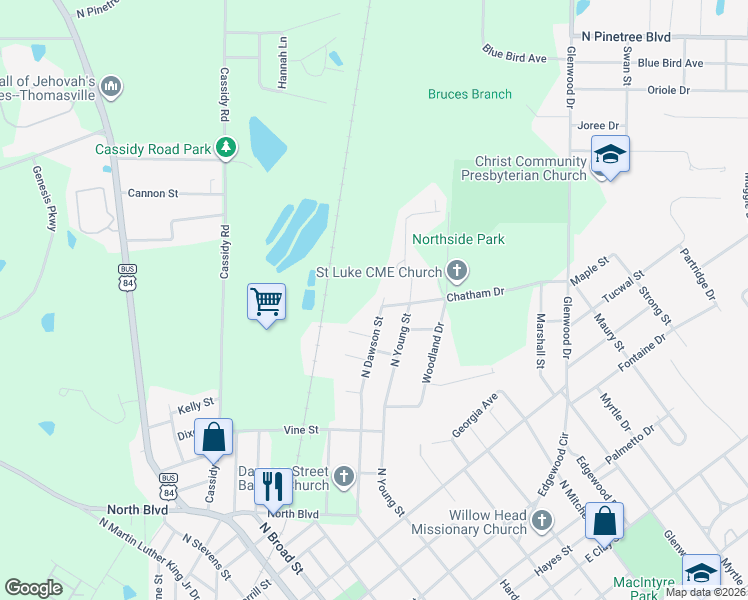 map of restaurants, bars, coffee shops, grocery stores, and more near 1502 North Dawson Street in Thomasville