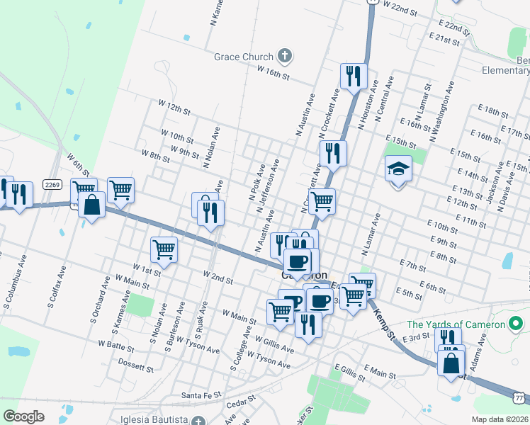 map of restaurants, bars, coffee shops, grocery stores, and more near 602 West 7th Street in Cameron