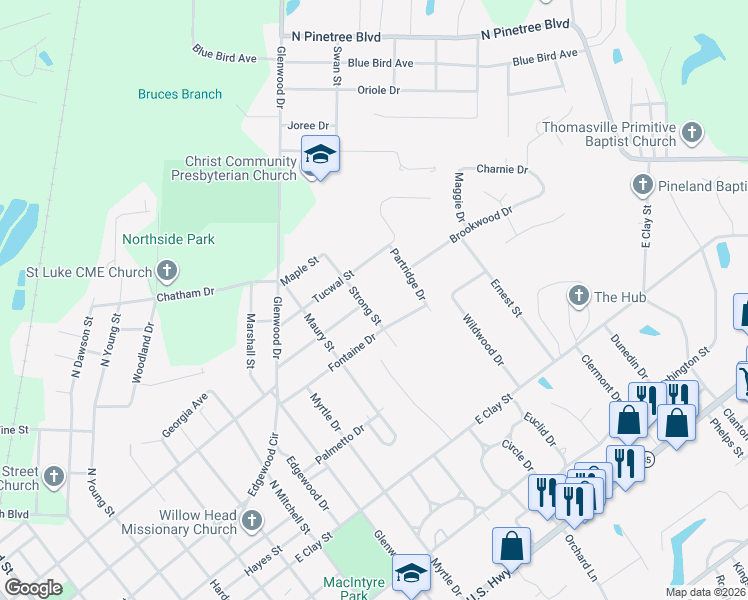 map of restaurants, bars, coffee shops, grocery stores, and more near 310 Strong Street in Thomasville