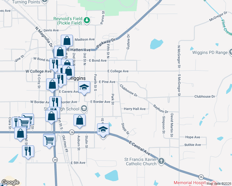map of restaurants, bars, coffee shops, grocery stores, and more near 301 Park Street in Wiggins