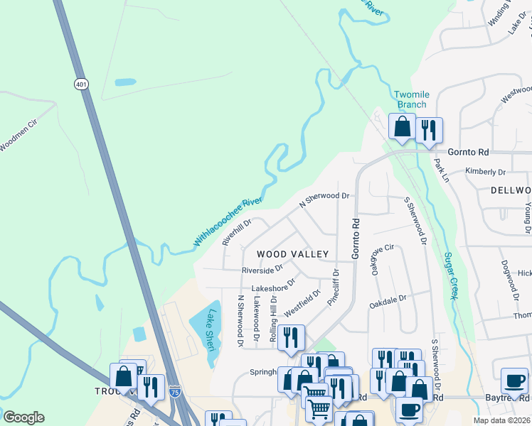 map of restaurants, bars, coffee shops, grocery stores, and more near 2302 Riverhill Drive in Valdosta