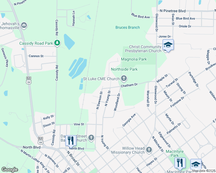 map of restaurants, bars, coffee shops, grocery stores, and more near 201 Chatham Drive in Thomasville
