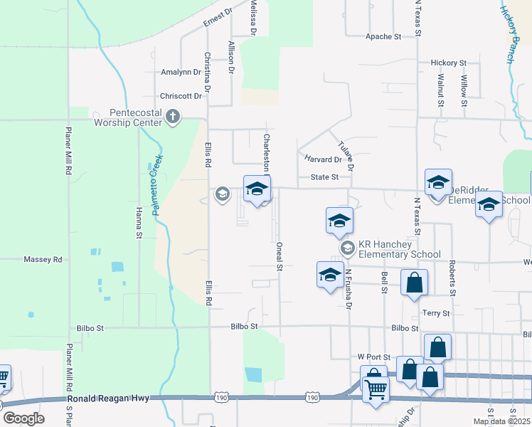 map of restaurants, bars, coffee shops, grocery stores, and more near 723 Oneal Street in DeRidder