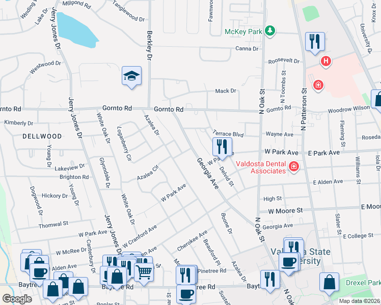 map of restaurants, bars, coffee shops, grocery stores, and more near 606 Georgia Avenue in Valdosta