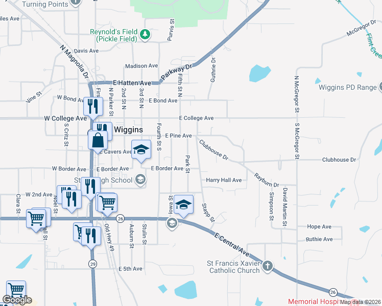 map of restaurants, bars, coffee shops, grocery stores, and more near 301 Park Street in Wiggins