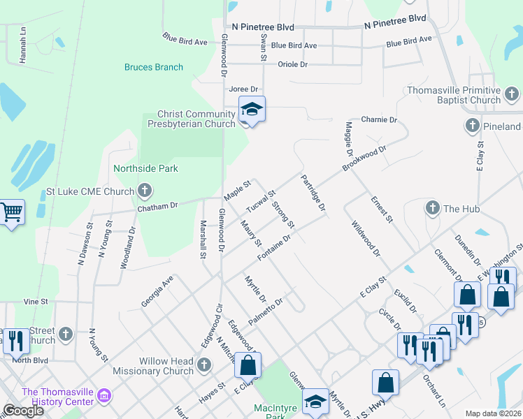 map of restaurants, bars, coffee shops, grocery stores, and more near 210 Tucwal Street in Thomasville