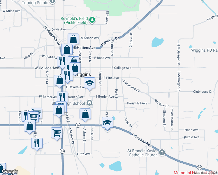 map of restaurants, bars, coffee shops, grocery stores, and more near 301 Iowa Street in Wiggins