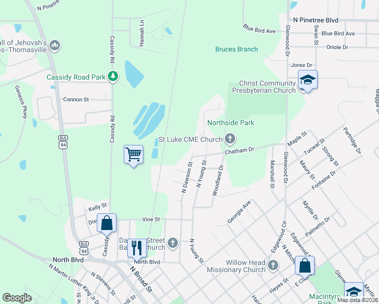 map of restaurants, bars, coffee shops, grocery stores, and more near 1502 North Dawson Street in Thomasville