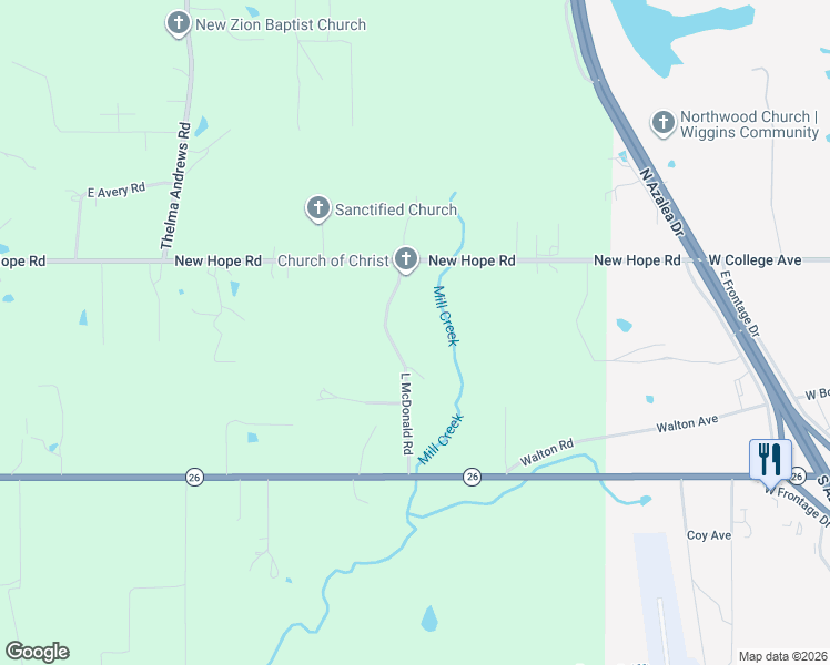 map of restaurants, bars, coffee shops, grocery stores, and more near 106 L McDonald Road in Wiggins