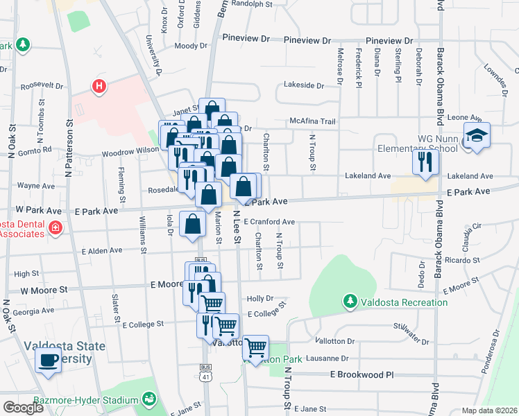 map of restaurants, bars, coffee shops, grocery stores, and more near 707 East Park Avenue in Valdosta