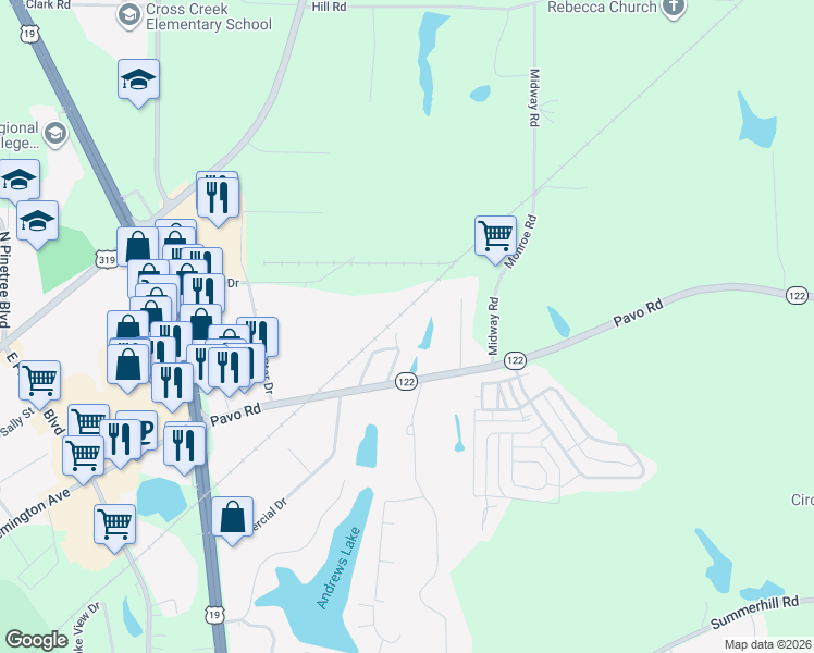 map of restaurants, bars, coffee shops, grocery stores, and more near Stephen Drive in Thomasville