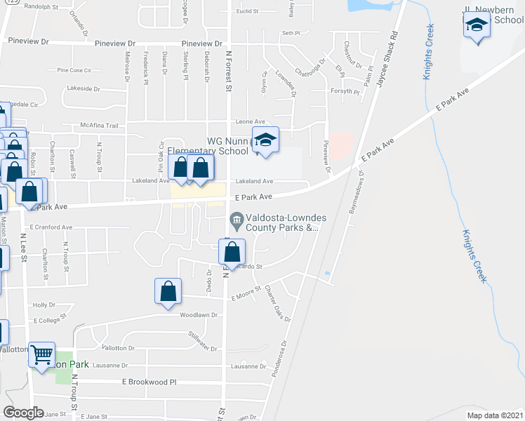 map of restaurants, bars, coffee shops, grocery stores, and more near 1635 East Park Avenue in Valdosta
