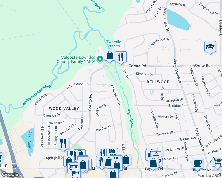 map of restaurants, bars, coffee shops, grocery stores, and more near 2306 South Sherwood Drive in Valdosta