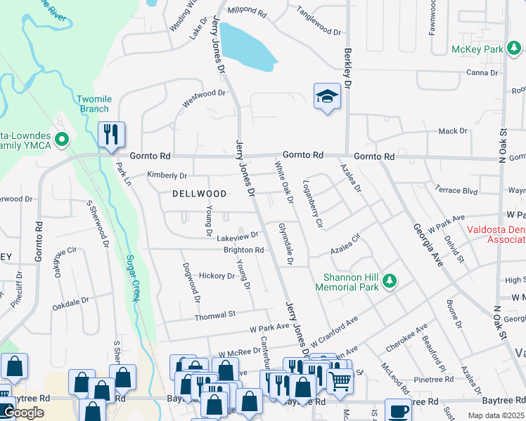map of restaurants, bars, coffee shops, grocery stores, and more near 2305 Jerry Jones Drive in Valdosta