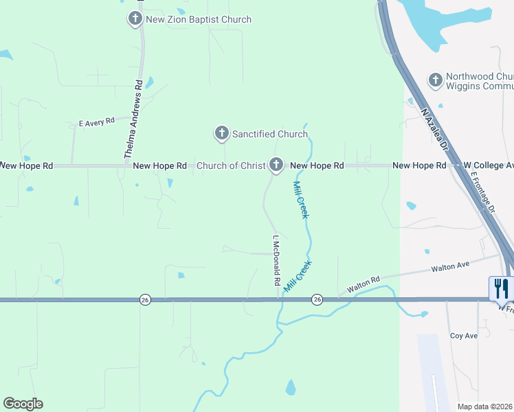 map of restaurants, bars, coffee shops, grocery stores, and more near 106 L McDonald Road in Wiggins