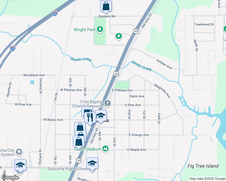 map of restaurants, bars, coffee shops, grocery stores, and more near 5698 Old U.S. 43 in Satsuma