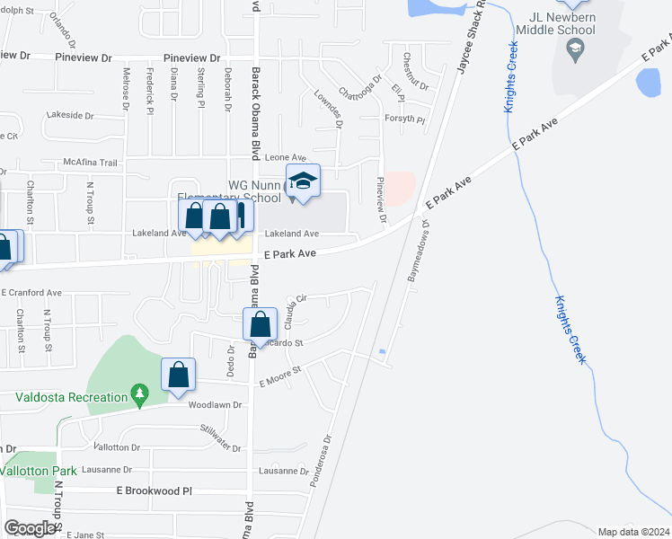 map of restaurants, bars, coffee shops, grocery stores, and more near 1639 East Park Avenue in Valdosta