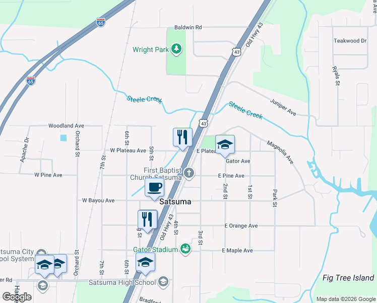 map of restaurants, bars, coffee shops, grocery stores, and more near 5650-5698 Old U.S. 43 in Satsuma