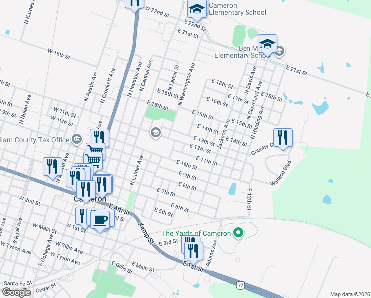 map of restaurants, bars, coffee shops, grocery stores, and more near 701 East 11th Street in Cameron