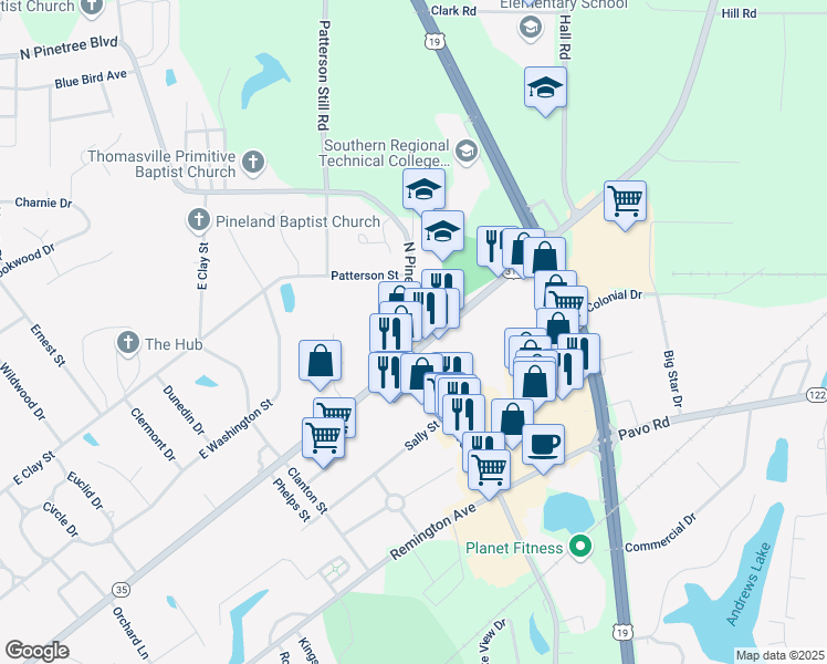 map of restaurants, bars, coffee shops, grocery stores, and more near 208 North Pinetree Boulevard in Thomasville
