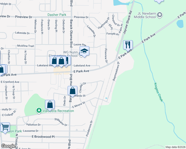 map of restaurants, bars, coffee shops, grocery stores, and more near 1639 East Park Avenue in Valdosta
