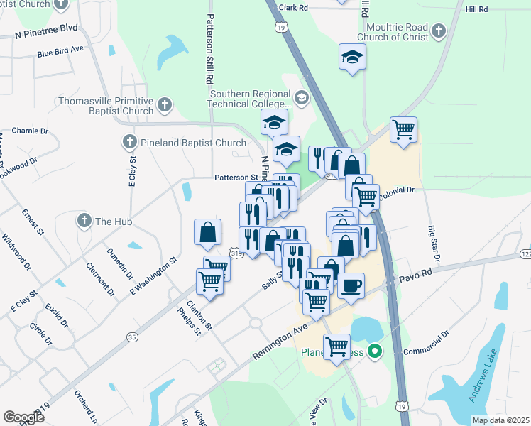 map of restaurants, bars, coffee shops, grocery stores, and more near 208 North Pinetree Boulevard in Thomasville