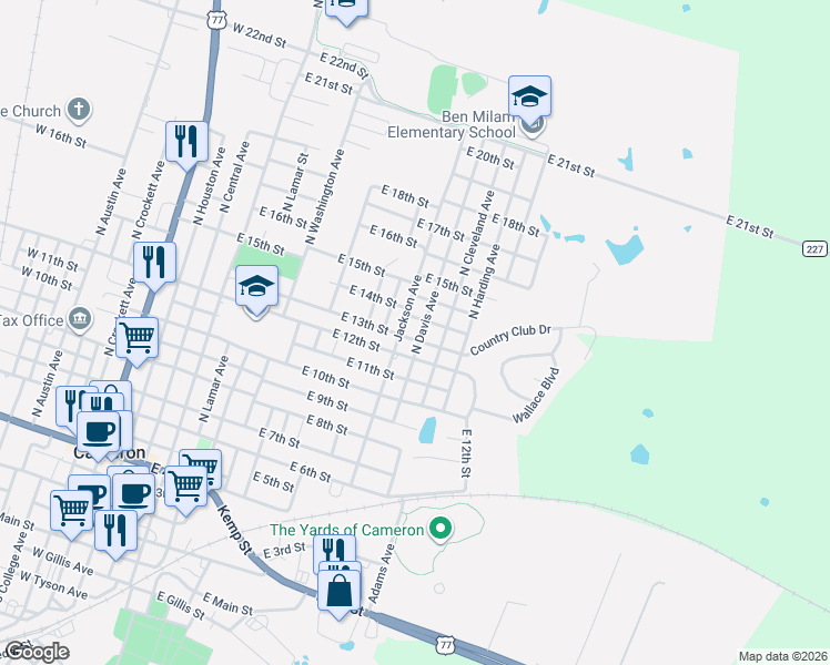 map of restaurants, bars, coffee shops, grocery stores, and more near 1004 East 12th Street in Cameron