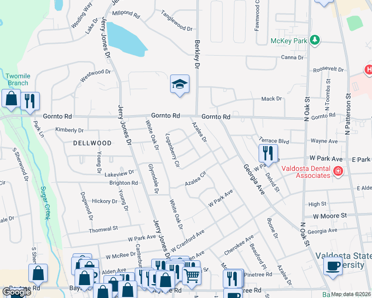 map of restaurants, bars, coffee shops, grocery stores, and more near 55 Loganberry Circle in Valdosta