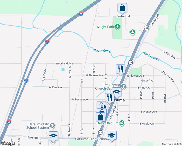 map of restaurants, bars, coffee shops, grocery stores, and more near 5713 6th St in Satsuma