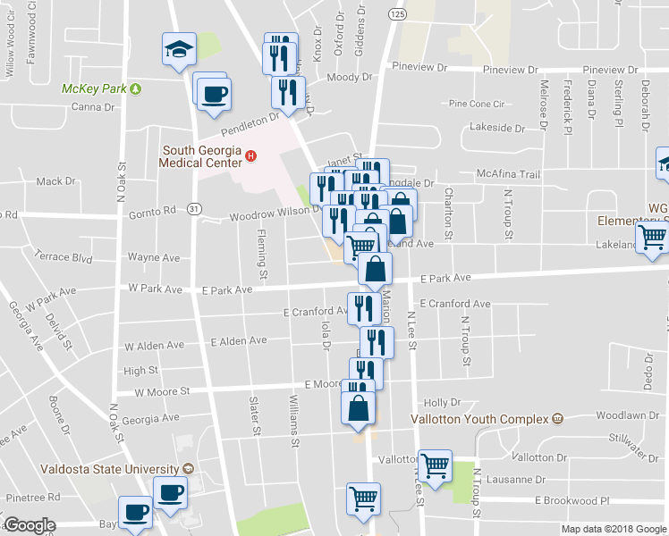 map of restaurants, bars, coffee shops, grocery stores, and more near 317 Rosedale Place in Valdosta