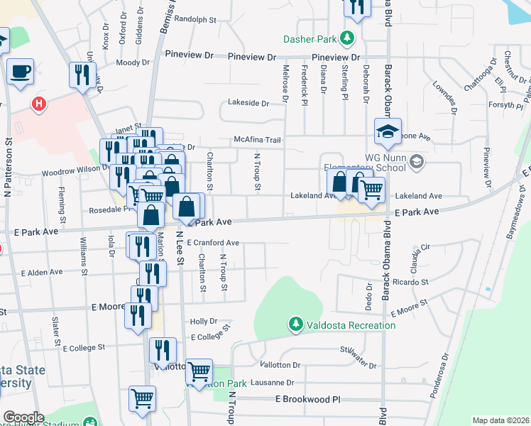 map of restaurants, bars, coffee shops, grocery stores, and more near 905 Lakeland Avenue in Valdosta