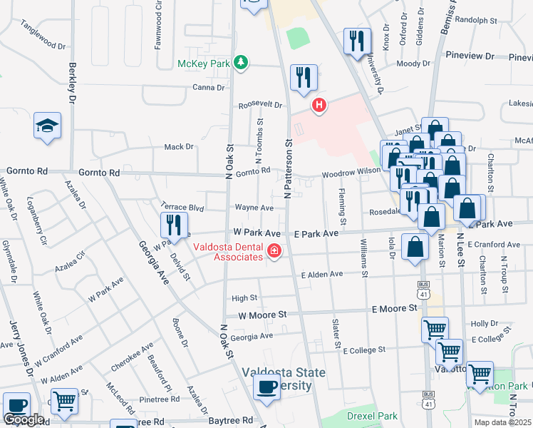 map of restaurants, bars, coffee shops, grocery stores, and more near 114 Wayne Avenue in Valdosta